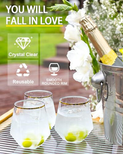 Image of Maaacute 40 Pcak Plastic Stemless Wine cocktail Whiskey Champagne Glasses, 12 Oz Gold Rim Disposable Clear Unbreakable Cups for Party Bars Wedding Tasting (Diamond-shaped)