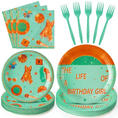 Andi Cppss Singer Birthday Party Supplies - 96pcs Paper Plates Napkins Plastic Forks Girl Little Birthday Party Table Decoration The Life of A Birthday Girl Disposable Cake Tableware Set for 24 Guests
