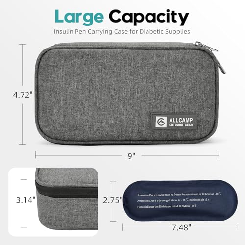 allcamp insulin cooler travel case diabetic medication cooler with 4 ice pack - medical cooler bag portable and reusable grey 9x 472x 314 inches