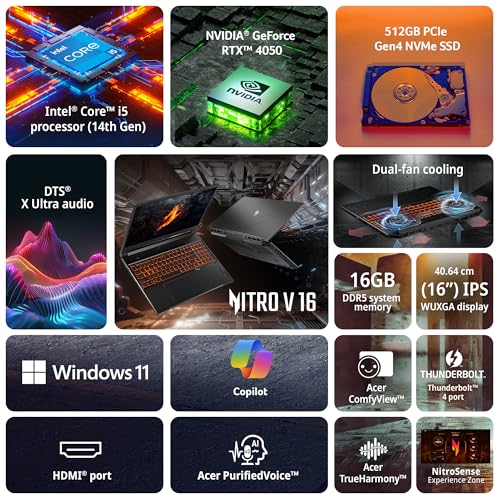 Image of acer Nitro V 16, Intel Core i5 14th Gen - 14450HX, NVIDIA GeForce RTX 4050-6GB, 16 GB RAM, 512 GB SSD, WUXGA IPS,16 inch /40.6 cm, 165 Hz, Windows 11 Home, Black, ANV16-71, Gaming Laptop