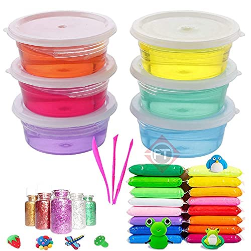 Firstly T DIY Multicolor Scented Magical Slimy Slime Gel Jelly Set Kit Air Dry Magic Crystal Clay Putty Toy Kit for Girls Boys Kids Slime with Glitter | Charms | Glitter Set (6 Slime+ 12 Clay)
