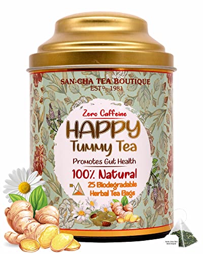 Image of Sancha Tea Boutique, Happy Tummy Tea, Caffeine Free Herbal Tisane, 25 Pyramid Bags, Digestive Drink, Tummy Detox