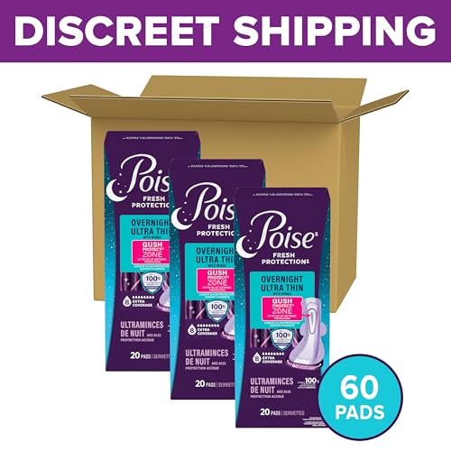 Image of Poise Overnight Ultra Thin Incontinence & Postpartum Pads with Wings for Bladder Leaks, 8 Drop Extra Absorbent, Long Length, 60 Count