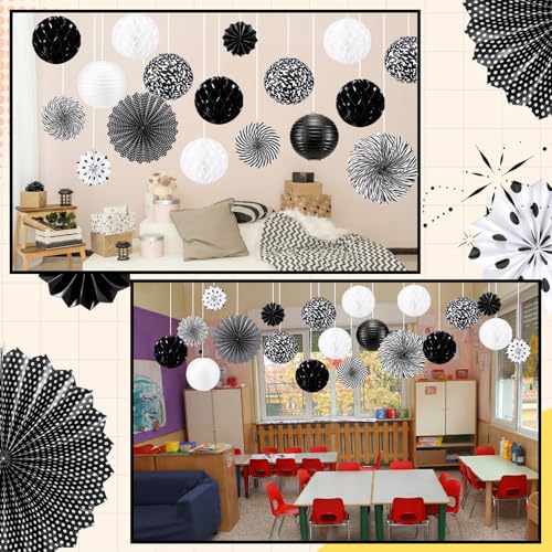 Image of Retisee 18 Pcs Composition Book Classroom Decoration Kits Black and White Composition Book Hanging Paper Lanterns Paper Fans Honeycomb Balls Decor for Back to School Classroom Party Decoration