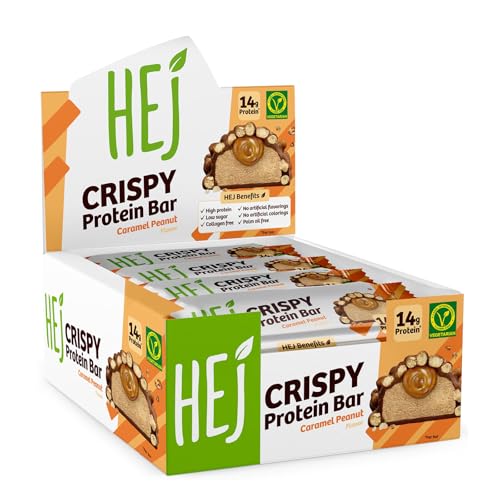 HEJ Crispy Protein-Riegel 12 x 45g - Zuckerarmer High-Protein-Snack - Mit 14g Eiweiß - Vegetarisch - Ohne Künstliche Aromen & Sucralose - Caramel Peanut 2.0