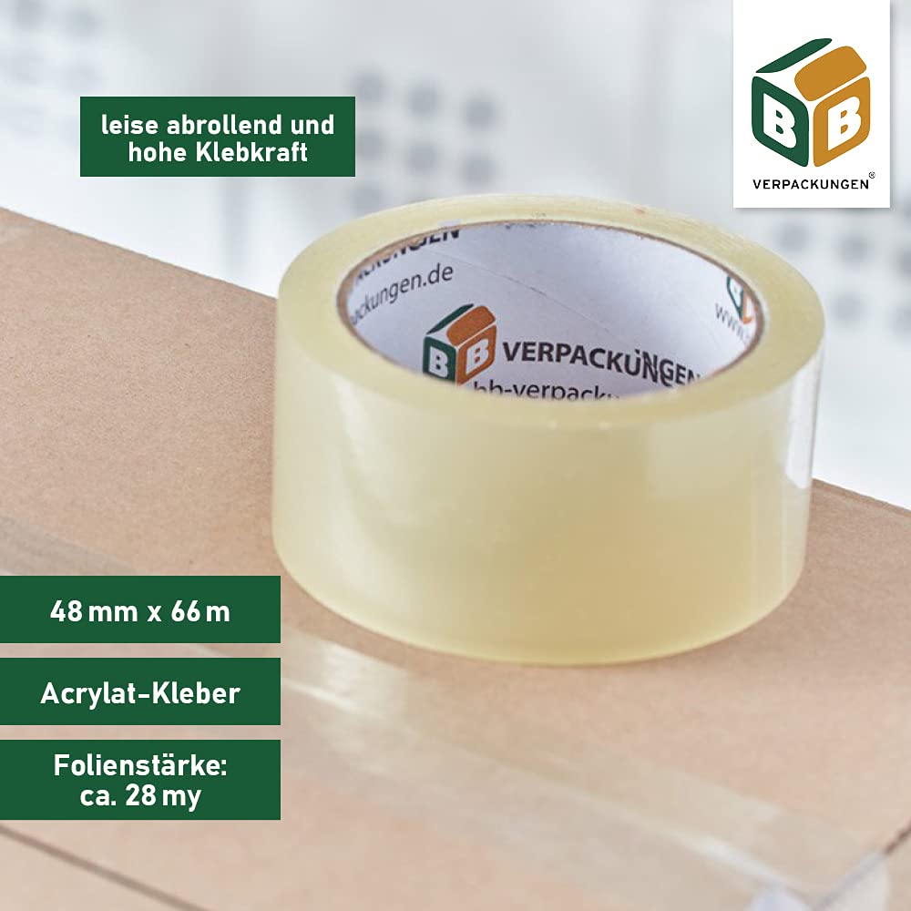 BB-Verpackungen 144 x Klebeband PP28 48 mm x 66 m (Acrylat, leise abrollend und hohe Klebkraft) - Sets zwischen 6 und 144 Rollen