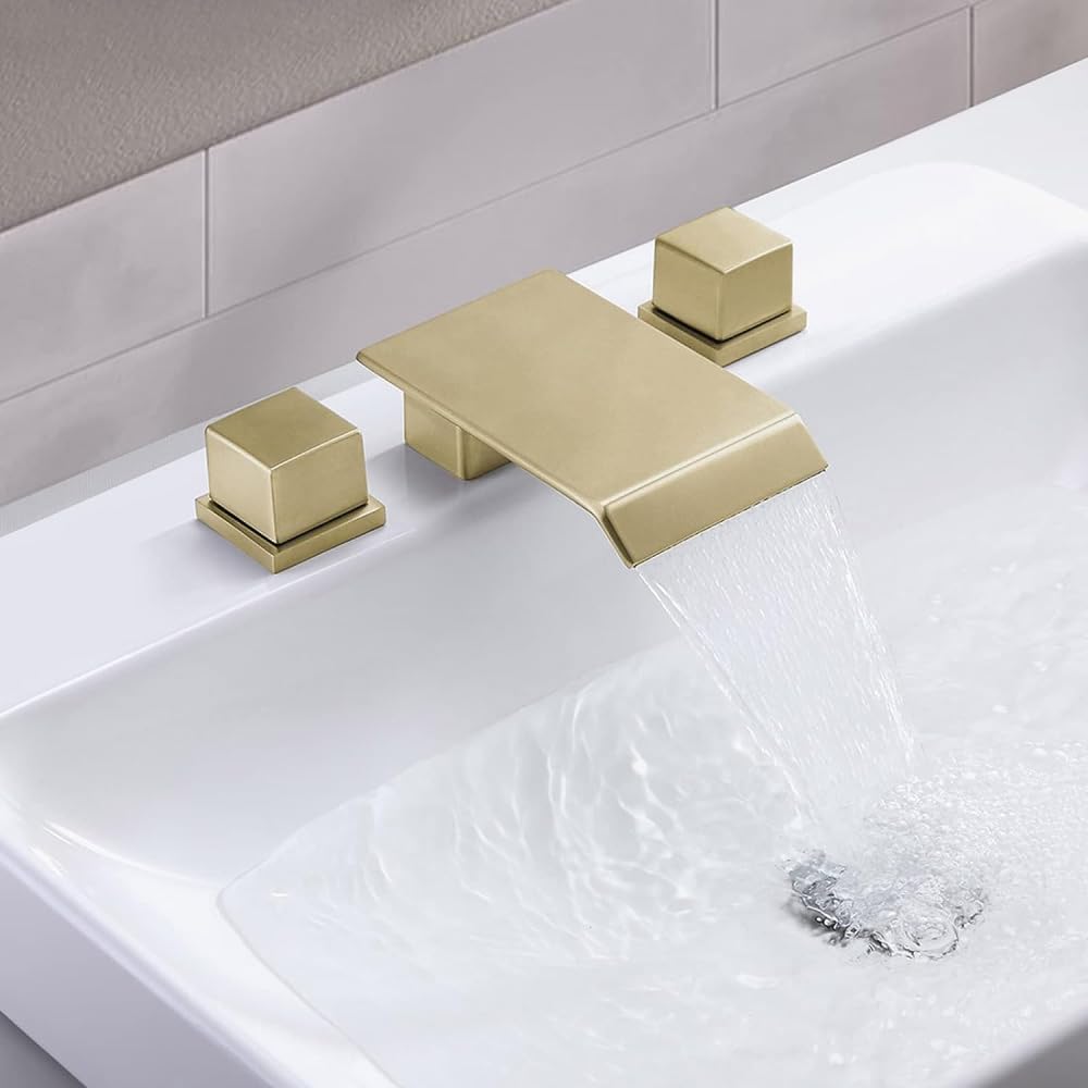 Zqfhsx Gold Waterfall Bathroom Faucet Wide Spout Two-Handle Vanity 3-Hole Face Basin For Sink(Drawing)
