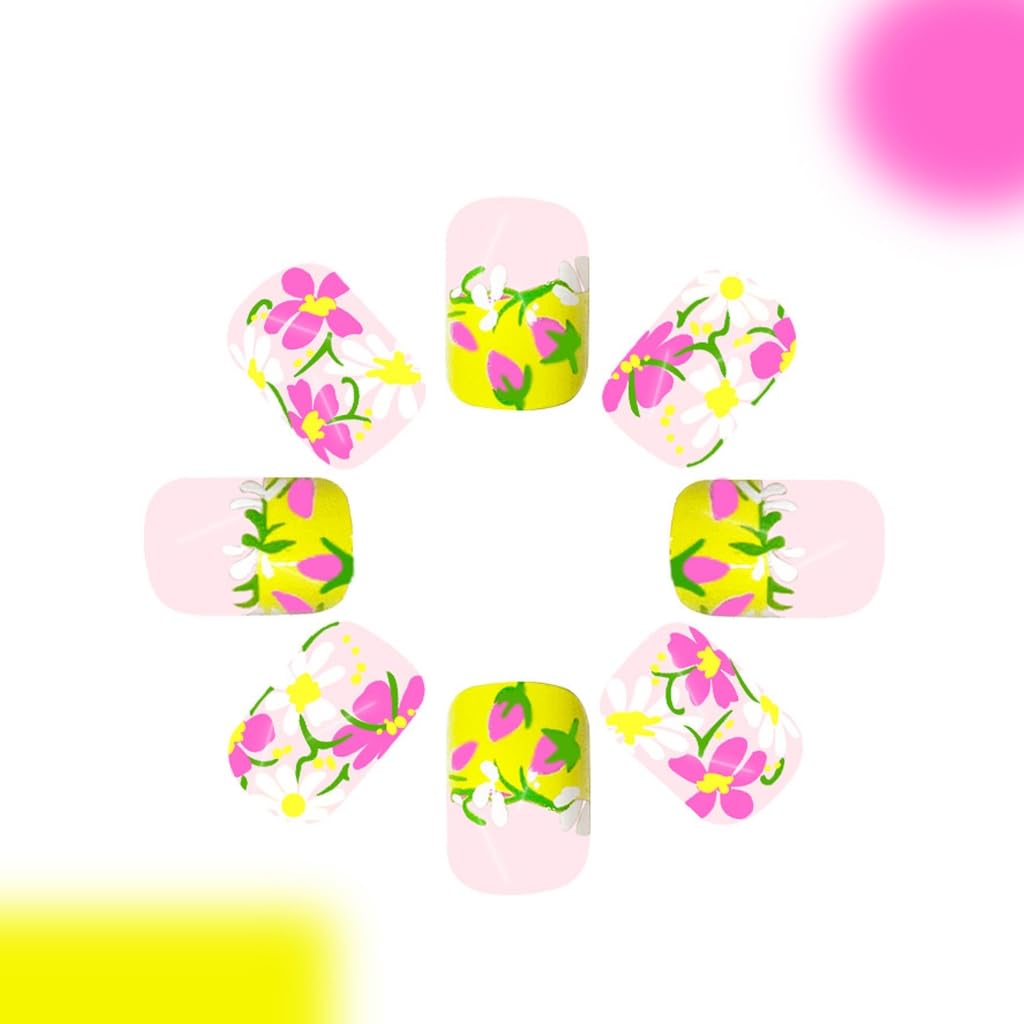 24Pcs Floral False Nails Stick on Nails French Tips Nails Art Square Short For Weddings And Parties