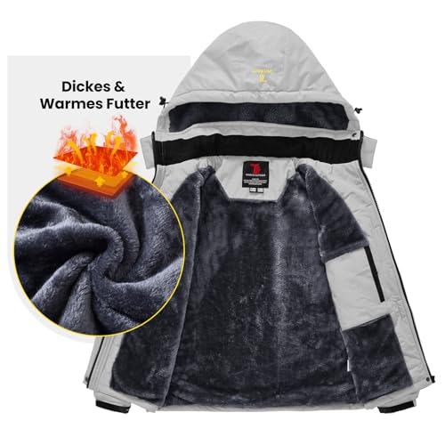 donhobo Damen Softshelljacke Winddicht Wasserabweisende Outdoorjacke Winter Warme Gefüttert Skijacke Wanderjacke mit Kapuze (Hellgrau, XXL)