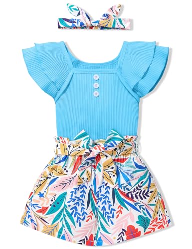 Image of Gaupafmb Toddler Girls Clothes Ruffle Short Sleeve Tops and Shorts Set with Headband 3PCs Outfits