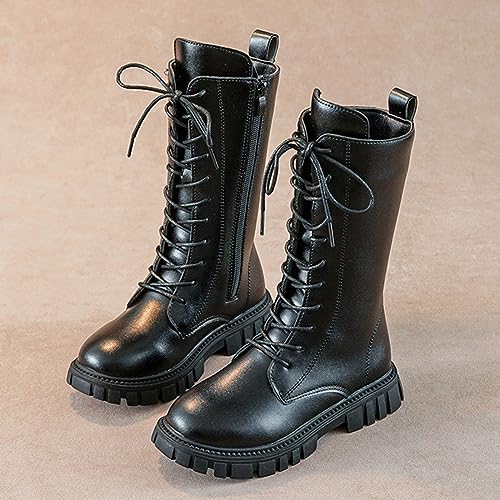 Girls Lace Up Riding Boots Mid Calf Combat Boots PU Leather Side Zipper Punk Goth Boot Non Slip Dress Shoes for Litter Kid Big Kid 4-12 Years2