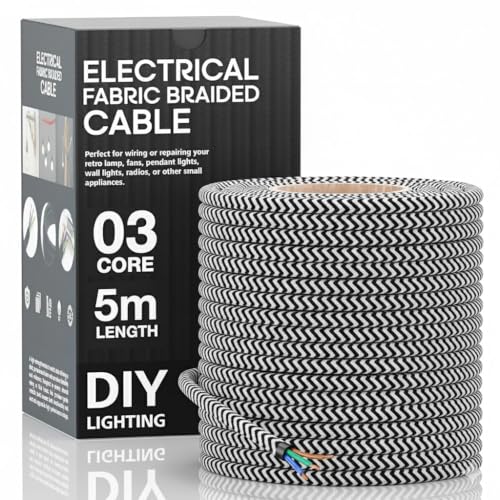 Image of 16.4ft 18 Cloth Covered Electrical Wire 5m Vintage Style 18-Gauge Twisted Braided Cord for Antique Lamps DIY Lighting Projects Chandeliers Home Decor (3 Core Round - Black, White)