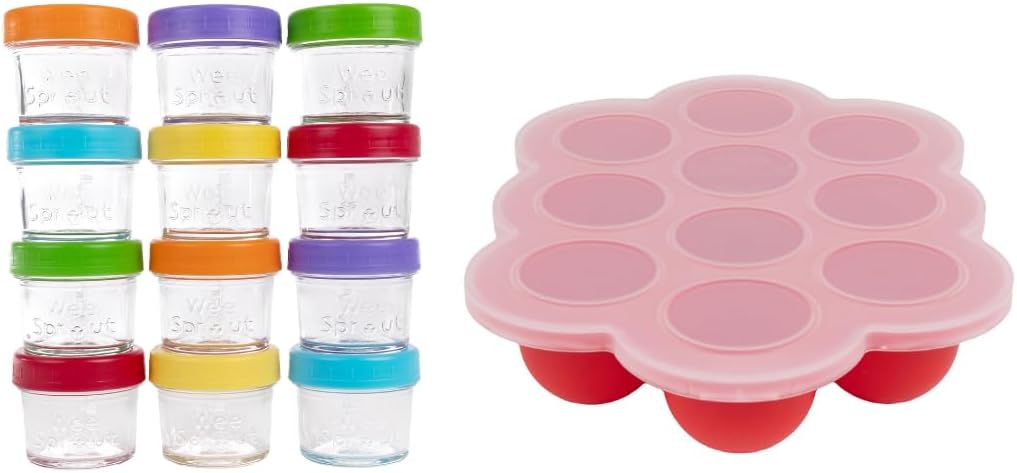 WeeSprout Baby Meal Prep Bundle - Glass Baby Food Storage Jars Containers with Plastic Lids & Silicone Freezer Tray - Microwave, Freezer & Dishwasher Safe - for Baby Food & Breast Milk