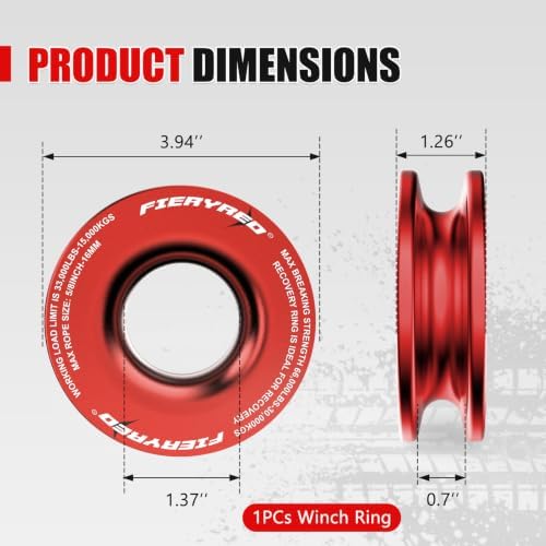 FIERYRED Recovery Ring 66000 LBS Winch Snatch Towing Ring, Fits for Synthetic Winch Rope & Soft Shackle, Aluminum U-Groove Offroad Recovery Universal for Truck ATV UTV, Red - 1