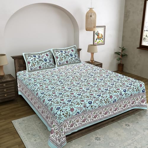 Image of Living Roots Jaipuri Hand Block Print Double Cotton Bedsheet & 2 Pillow Covers, for Mattress Upto 8 inches Thick, No Colour Bleeding, Blue Colour, Super King Size 96 * 104 inches, 150TC (574-B)