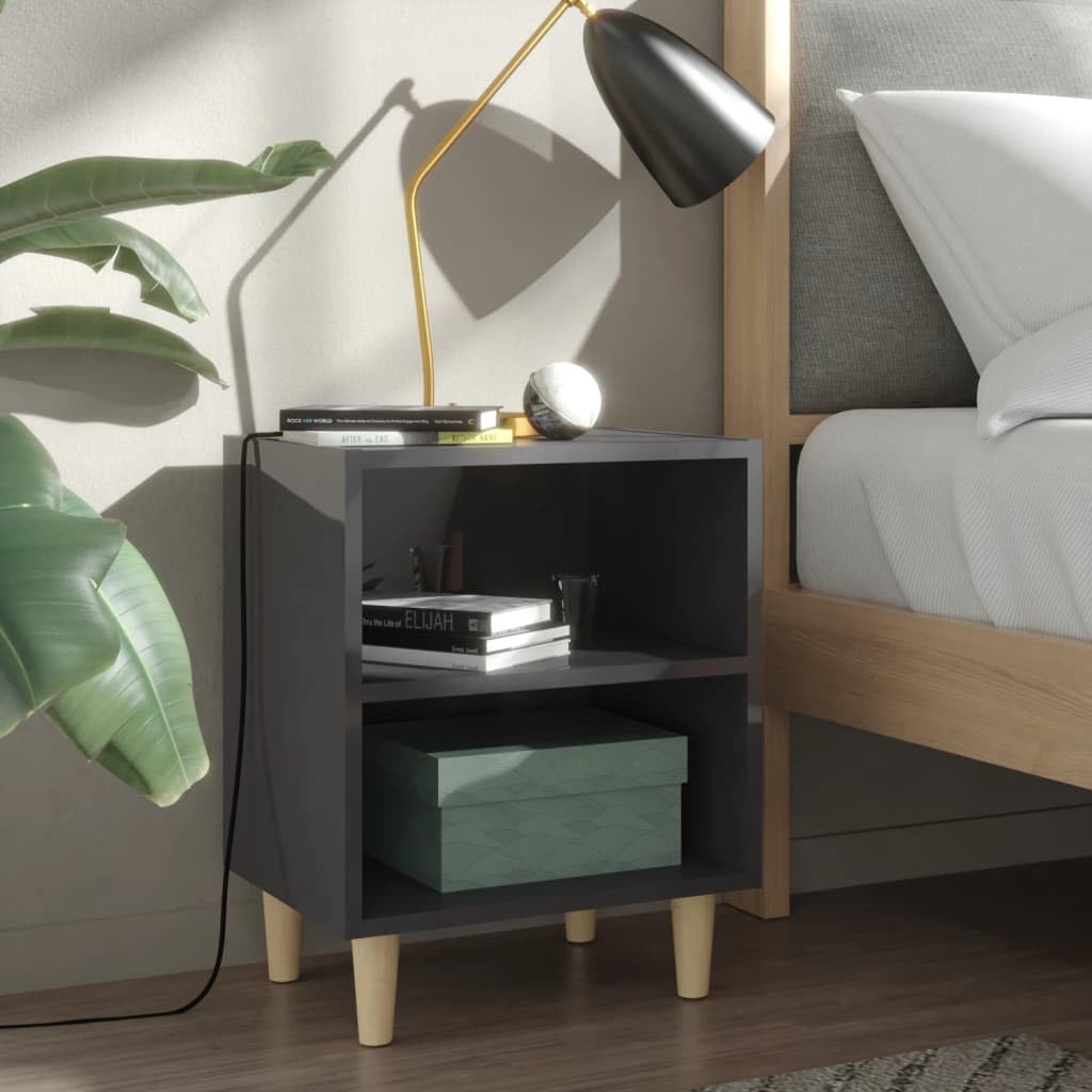 Meuble de lit gris brillant avec pieds en bois massif de 40 x 30 x 50 cm