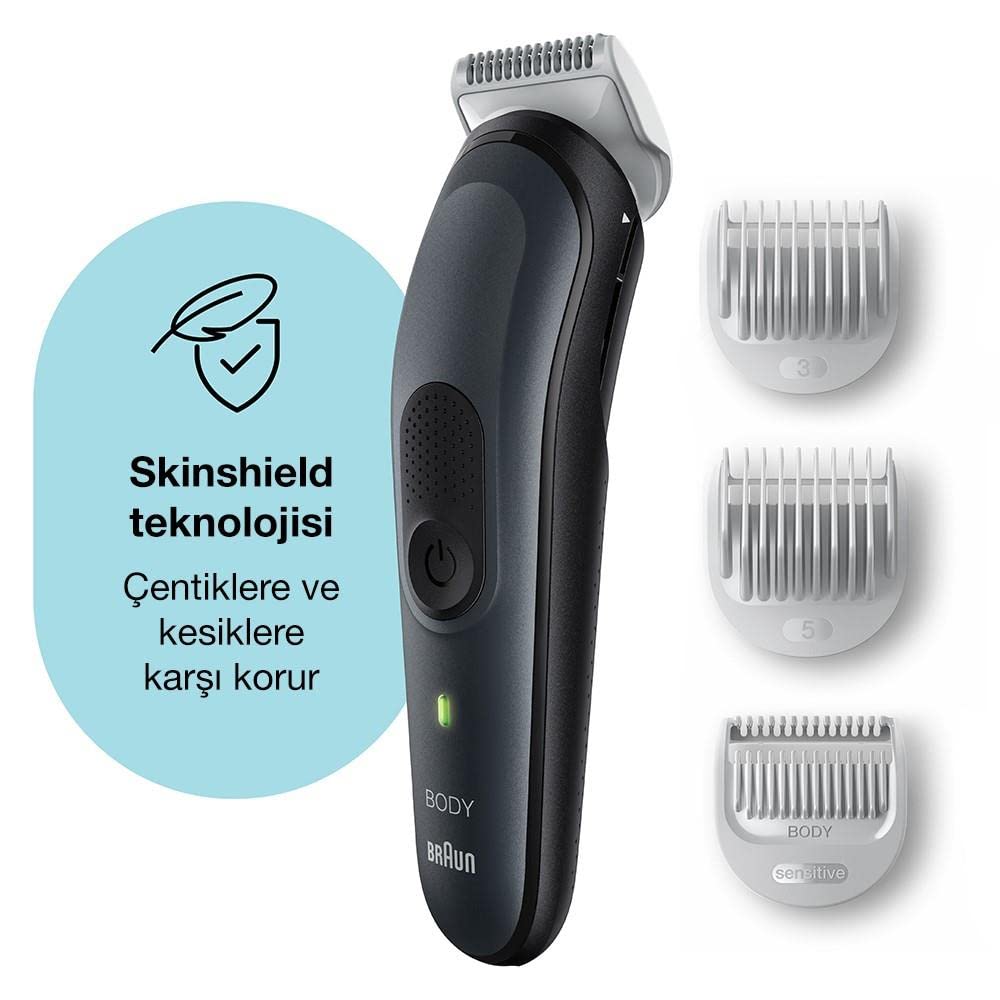 Braun Body Groomer Series 3 3350, rasoir pour le corps, pour la poitrine, les aisselles, l'aine et plus encore, comprend des peignes Pour des longueurs de 3 mm et 5 mm, lavable, 80 min sans fil