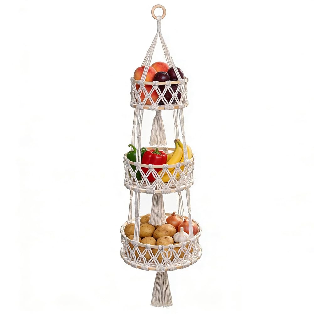Hndhbfgrt Handmade 3 Tier Hanging Fruit Baskets Macrame Plant Hanger Cotton Rope Handwoven for Kitchen Storage Organizer Basket