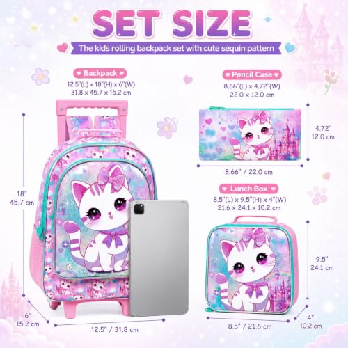 Image of CCJPX 3PCS Rolling Backpack for Girls,Kids Cat Backpacks with Roller Wheels, Wheeled Bookbag with Lunch Box for Toddler Elementary School
