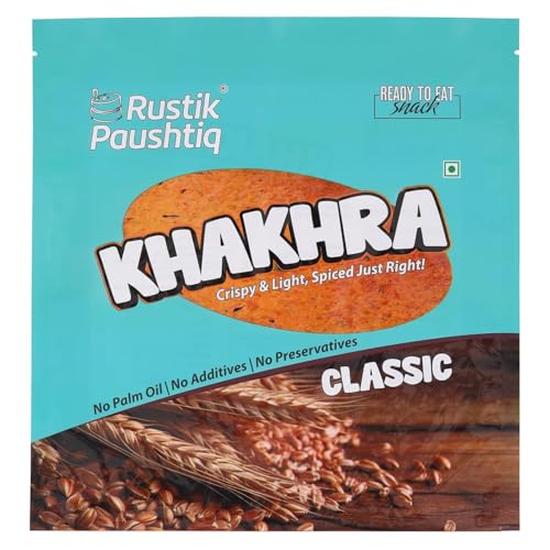 Image of RUSTIK PAUSHTIQ Baked Khakhra Combo - 200g x 4 Packets | 2 Classic & 2 Tomato Chilli Flavours | Whole Wheat Crispy Snacks | No Palm Oil | Ready to Eat Tea Time Snack | 800g