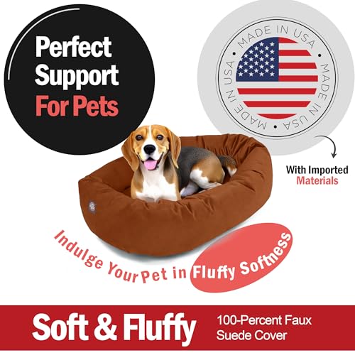 Image of Majestic Pet Suede Shredded Memory Foam Mix Calming Dog Bed Washable - Cozy Soft Round Dog Bed with Spine for Head Support - Fluffy Donut Dog Bed, 32 Inch, Rust