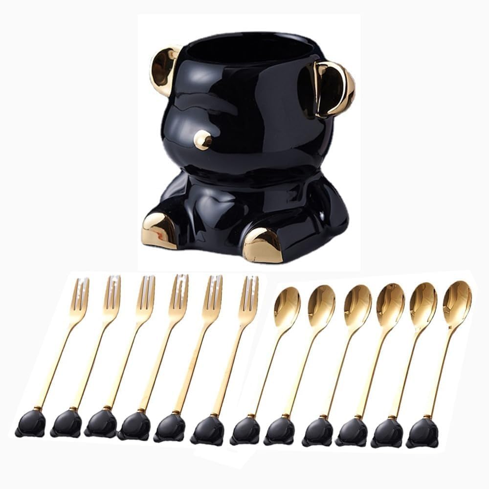 Juego De 12 Piezas De Cubiertos De Acero Inoxidable De Dibujos Animados, Cuchara, Tenedor, 14,5 Cm/5,7 Pulgadas, Cuchara De Postre, Tenedor (Negro/Dorado,Con almacenamiento)