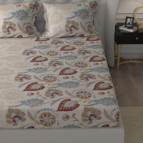 Image of Cloth Fusion Glace Cotton Elastic Fitted Bedsheet for Double Bed with 2 Pillow Covers (78X60 inches, Beige Floral)