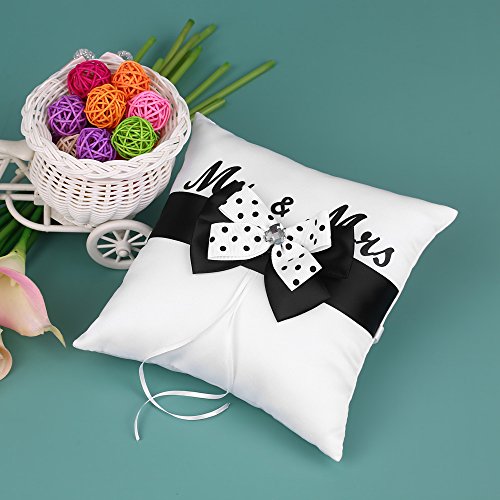 Baugger - 7 * 7 polegadas branco preto Bowknot cetim anel portador de travesseiro e casamento Flower