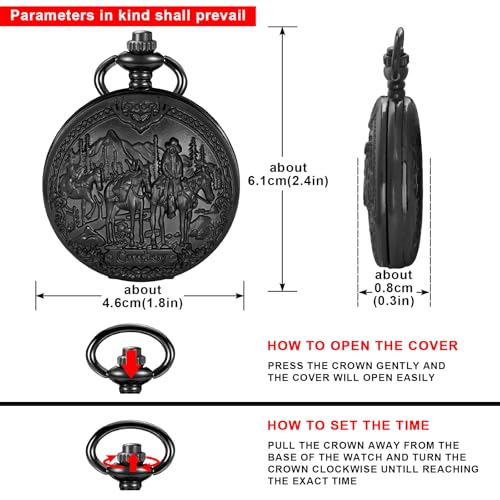 Image of Tiong Vintage Pocket Watch Engraved Cowboy Skull Wolf 3D Pattern Arabic Numerals Quartz Pocket Watch with Chain Best Gifts