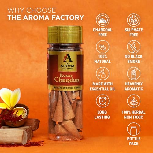 Image of The Aroma Factory Incense Dhoop Cone Kesar Chandan Sandalwood (100% Herbal & 0% Charcoal) 3 Bottles x 30 Cones