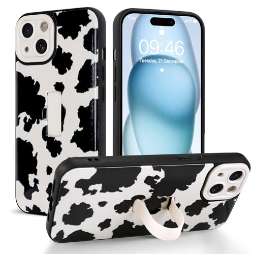 Jefonha Cute for iPhone 15 Case with Strap Stand, Milk Cow