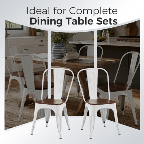 Image of Metal Dining Chairs with Backrest, Wood Seat, White, 8 Pack | Easy Assembly, Non-Slip Feet, 330 lb Capacity, Kitchen, Restaurant, Cafe, Pub, Covered Patio