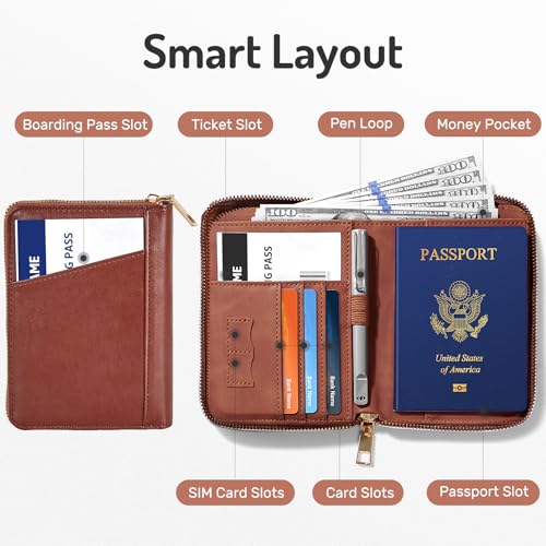 Forvencer Passport Holder Cover with Safe Zipper Closure, Premium Passport Wallet for Travel, Sleek RFID Blocking Card Case, Waterproof Travel Accessories for Men, Brown2