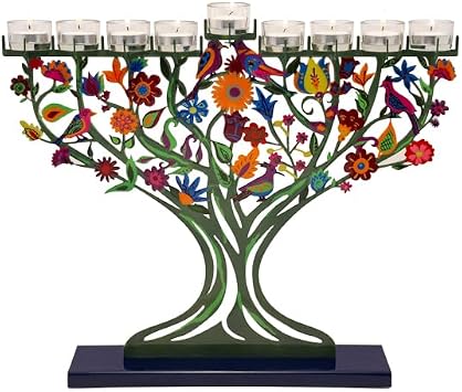Yair Emanuel Tree of Life Large Hanukkah Menorah for Tea Light Candles - 19.7" - Laser Cut Metal with Hand-Painted Birds and Flowers Judaica Gift