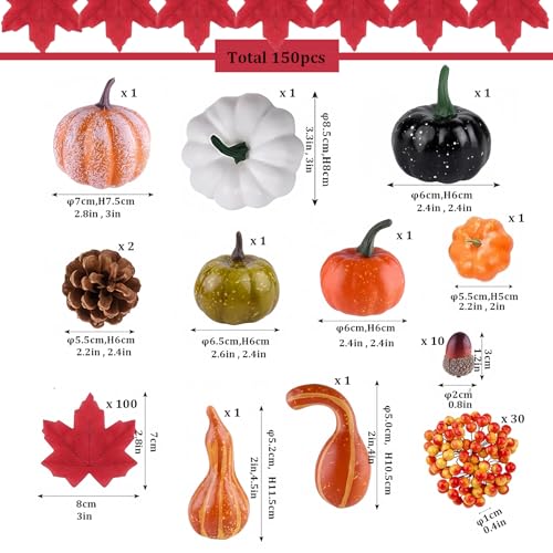 Artificial Pumpkins Decorations Set,150P Autumn Home Decor Artificial Fall Maple Leaves,Small Acorns,Pine Cone,Gourds,Pumpkin for Autumn Thanksgiving Decor,Halloween,Fall,Home Harvest Table Decoration - Image 3