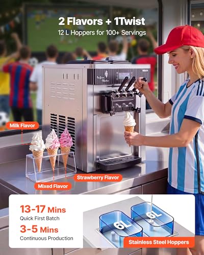 Image of VEVOR Commercial Ice Cream Machine, 20-28L /H Yield, 2200W 3-Flavor Countertop Soft Serve Ice Cream Maker with 2 x 6L Hoppers & Hopper Agitation, Pre-Cooling Self-Cleaning for Snack Dessert Shops