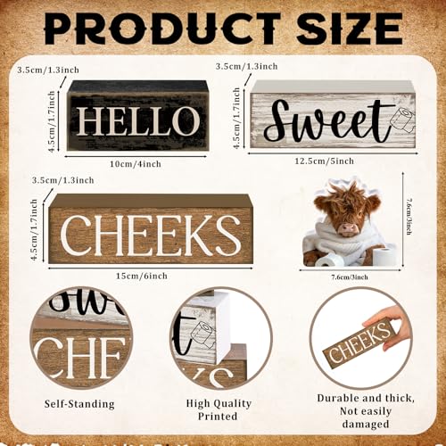 Image of Moucuny 4 Pcs Bathroom Shelf Decor Highland Cow Farmhouse Bathroom Decor and Accessories Rustic Eucalyptus Leaves Hello Sweet Cheeks Highland Cow Sign Western Table Centerpiece for Home Office Toilet