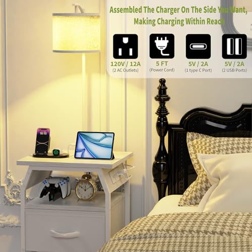 Image of runjuly Floor Lamp with Table, End Table with Light and Charging, White
