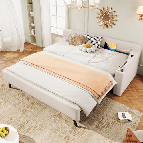 Sofá cama, cama de día, 90 x 200 cm, sofá cama con somier, con cama nido extensible con compartimento plegable, USB+Type-c, lino, (sin colchón) (beige)