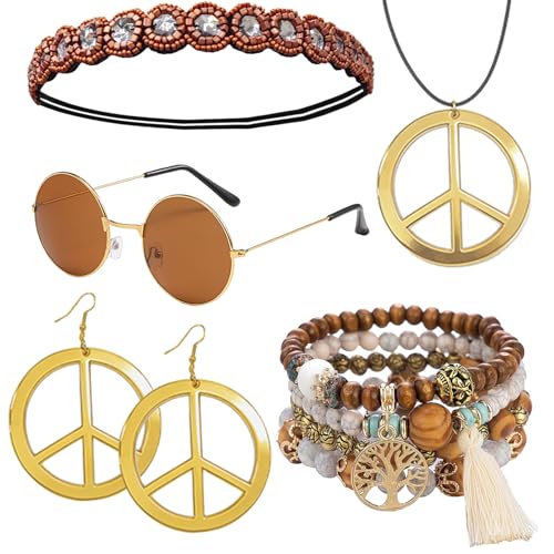 kasahara 5 Pcs Hippie Costume Accessories for Women 60s 70s Hippie Outfit Gifts Headband Peace Sign Necklace Earrings Bracelet Sunglasses Brown