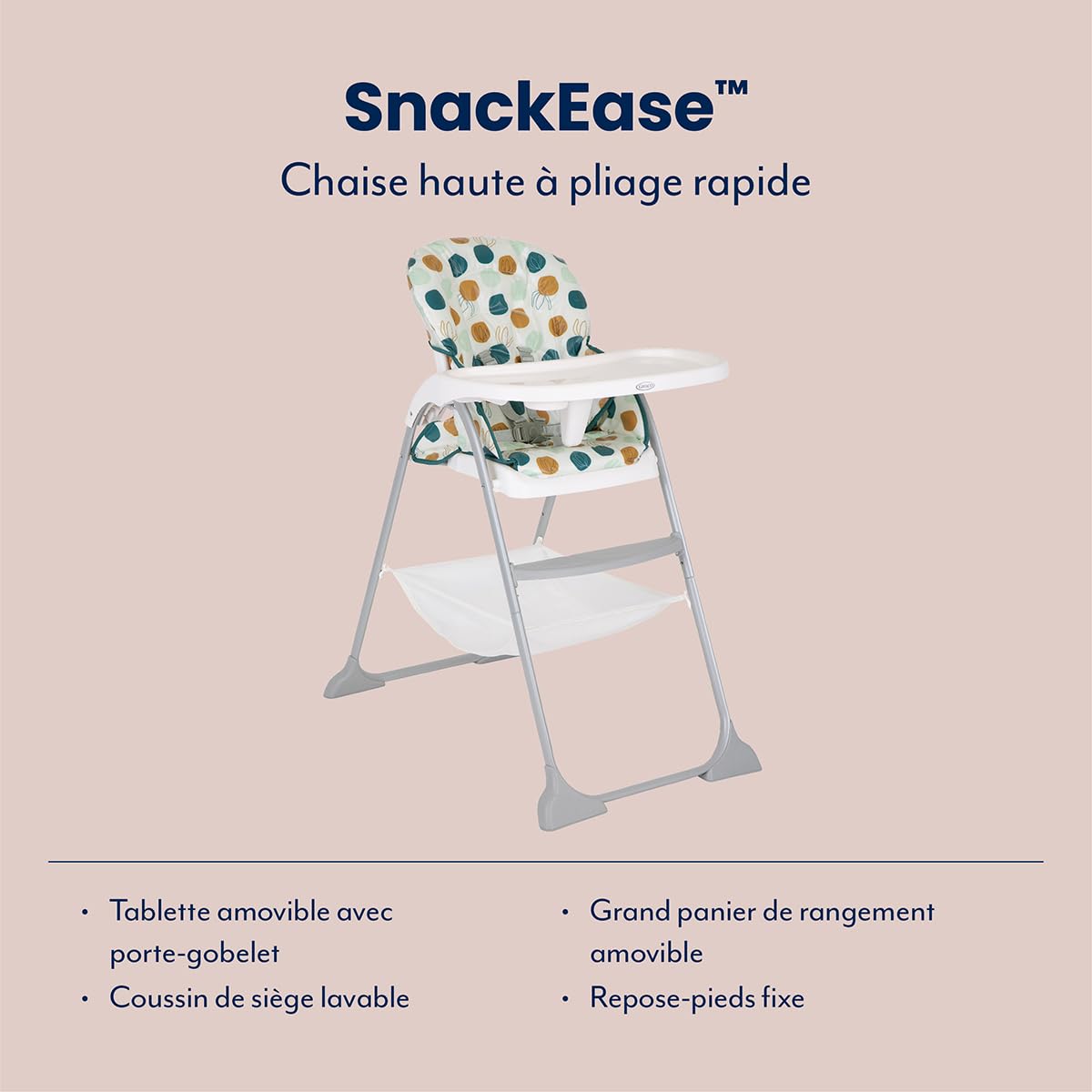 Graco SnackEase, chaise haute à pliage rapide, de 6 mois à environ 3 ans (max. 15 kg), léger, lavable, pliage rapide d'une seule main, multicolore, Organza