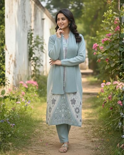 Image of KTI Full Sleeve Knee Length Floral Design Woolen Fabric 3 PC Kurti Set for Women Art NO-94164