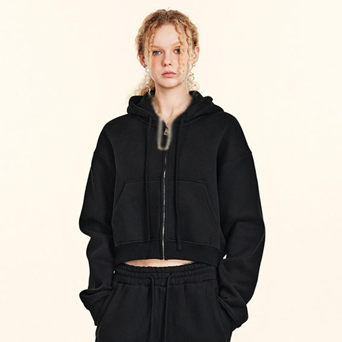 Damska bluza z kapturem Cropzip z polarową podszewką, krótka kurtka z kapturem oversize