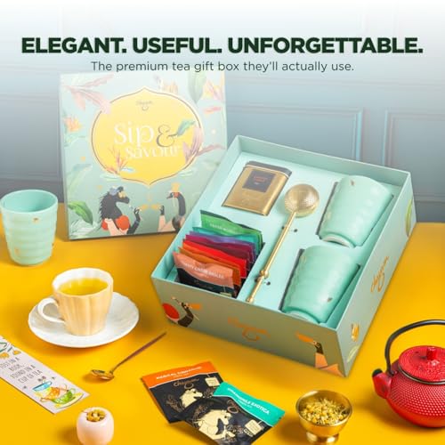 Image of CHAYAM Luxury Tea Gift Hamper | 10 Assorted Tea Bags, Kashmiri Kahwa, 2 Premium Kulhad Cups & Brass Infuser | Gift Pack for Family and Friends | Anniversary, Wedding, Birthday & Festive Gift Box