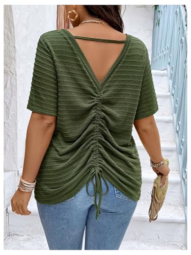 Women's Plus Size Drawstring Back Backless T Shirts V Neck Short Sleeve Textured Tees Casual Summer Tops3