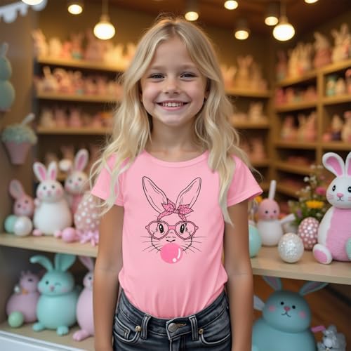 Image of MODNTOGA Girl Happy Easter Crewneck Shirt Glasses Bunny Graphic T-Shirt Big Kid Cute Rabbit Print Easter Holiday Pullover Top