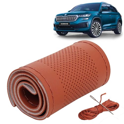 Image of KINGSWAY PU Leatherite Car Steering Cover Sewable Compatible with Skoda Kodiaq (Year 2022 Onwards), Tan Color with Tan Thread, Pack of 1 with Sewing Needle and Thread