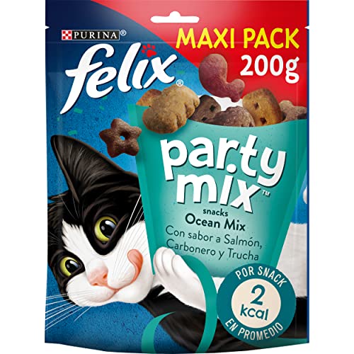 Purina Felix Party Mix Ocean, Snack, premio para Gato con Salmón, Carbonero y Trucha, Maxi Pack 5 bolsas de 200g