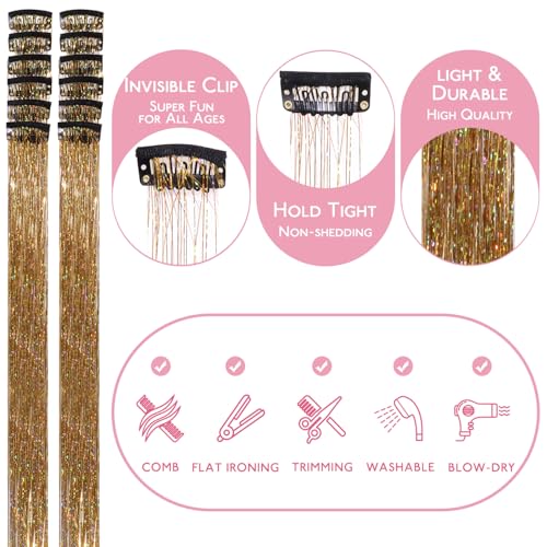 Image of WENNALIFE Hair Tinsel kit for Girls, Clip in Hair Tinsel Champagne, 12PCS 24 Inch Hair Accessories for Women Clip in Colorful Glitter Fairy Girls for Kids