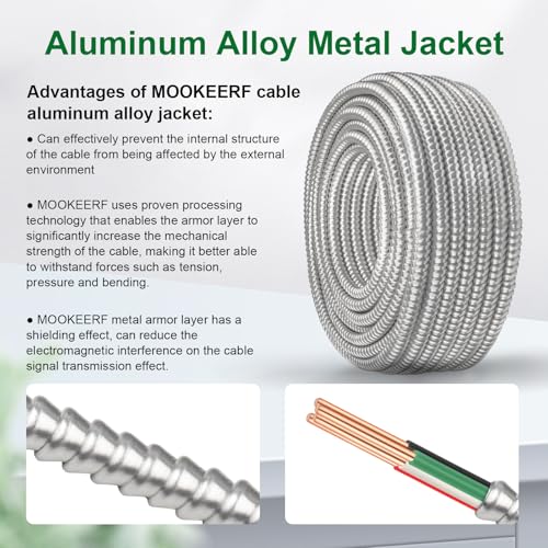 Image of MOOKEERF 14 /3 MC Cable with Ground - 250FT Pure Copper 14AWG /3 Metal Clad Wire with Aluminum Armor 14 Gauge 3 Conductor Type MC Alum Cable